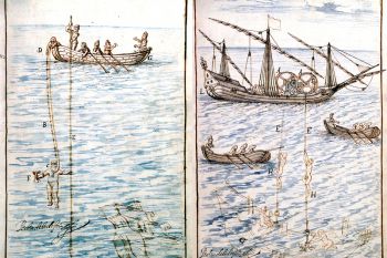 Ilustraciones de Pesca de perlas y busca de galeones, manuscrito de Pedro de Ledesma (1623)